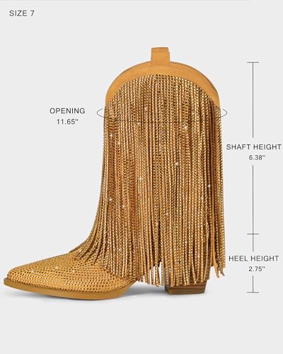 Image of Ouepiano Cowboy Boots for Women - Cowgirl Rhinestone Boots with Sparkly Fringe Pointed Toe Western Boot Chunky Heel Pull-On Wide Calf Botas Vaqueras