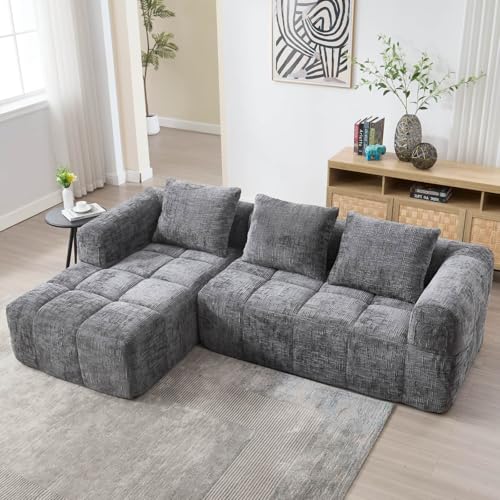 EURHCIO Canapé d'angle 3 Places,Canapé Modulable en Chenille,avec Chaise Longue,3 Coussins,Poches Latérales,Pas d'assemblage nécessaire,pour Salon,Appartement,Bureau (Gris-3)