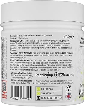 Naughty Boy Menace V2 Pre Workout Powder, High Stim Energy, Pump & Focus Formula with PeptiPump, Citrulline & Beta Alanine, 60 Servings, Sour Apple
