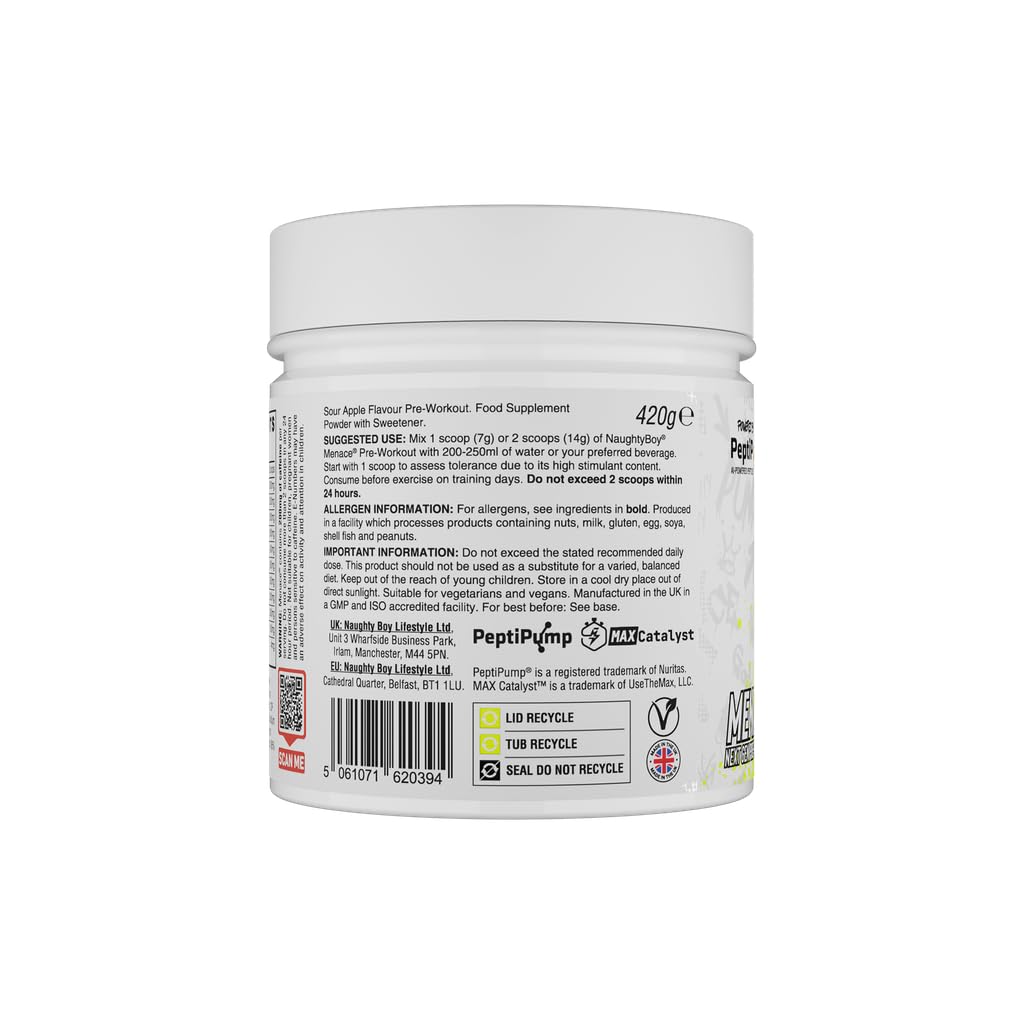 Naughty Boy Menace V2 Pre Workout – AI Powered Pre Workout Pulver für Männer & Frauen | Energy Drink Supplements | Peptipump, Citrullin, Beta Alanin | 60 Portionen | Sour Apple