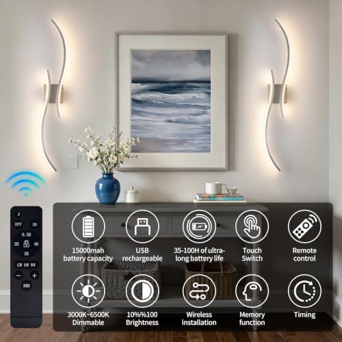 Image of Battery Operated Wall Sconces Set of 2,Dimmable Rechargeable Wall Sconce with Remote Control,Brushed Nickel Wireless Wall Light for Living Room Bedroom Hallway (Brushed Nickel, 39.37 Inches (2 Packs))