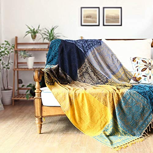 Bohemian Throw Blanket For Couch，Colorful Chenille Tassels Boho Woven Hippie Throw Blankets For Couch Bed Sofa Chair Recliner Loveseat , Bohemian Fringe Tassels Decor Home (Blue, Large 86102Inches) #TOP6