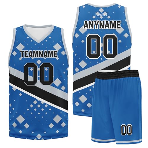 Onegam Custom Basketball Jersey Shorts, Personalized Breathable Team Uniform for Men & Women with Team-Name Number Logo Blue Black