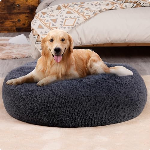 HMTOPE Orthopädisches Hundebett rund Hundekissen Hundesofa Katzenbett Donut Kuscheliges Hundekorb Waschbar, 100 cm Ø, Dunkelgrau