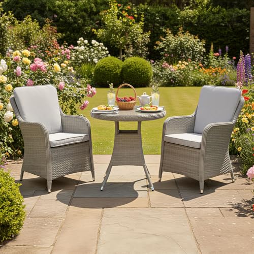 Image of Oseasons Hampton Rattan 2 Seat Bistro Set in Dove Grey - Outdoor Patio Bistro Furniture with Aluminium Frame & Light Grey Cushions
