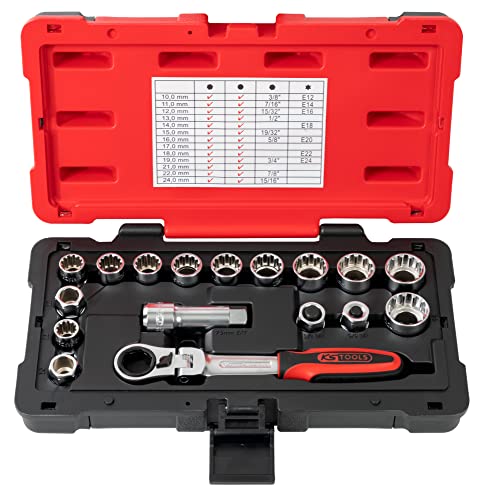 KS Tools 922.4040 - Coffret de douilles traversantes 3/8'' + 1/2'' - 10 à 24 mm - Gamme TRIPLEplus® - Entraînement 19 mm mâle - Finition chromée satinée...