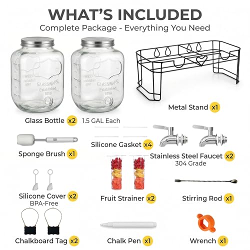 Image of 1.5 Gallon 2 Pack Drink Dispensers for Parties,Glass Drink Dispenser,Beverage Dispenser with Stand,304 Stainless Steel Spigot 100% Leakproof,Lemonade Dispenser,for Weddings, Picnic