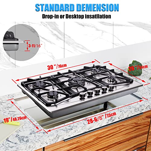 Hothit Propane Gas Cooktop 30" Inch, 5 Burner Built-in Stainless Steel Gas Stove Top, LPG/NG Dual Fuel, Include Gas Pressure Regulator Gas Range(L30"×W20")