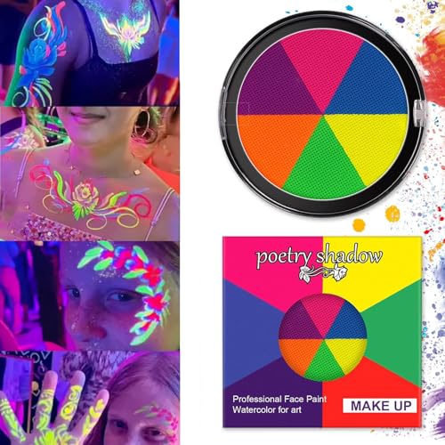UV Glow Neon Face Body Paint Halloween Makeup, Professional 6 Color Face Paint,Bright Colour Face Paint Glow In UV,Oil Based Face Painting Palette for Art Theater Party Cosplay Clown Corpse Paint SFX