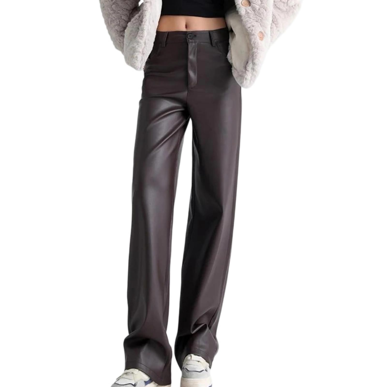 Womens Fleece Lined Pu Leather Pants High Waist Thick Warm Wide Leg Straight Fall Winter Casual Trousers