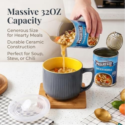 Hoilse Ceramic Soup Bowl with Handle – Large 900ml Microwave Soup Mug with Lid, Soup Container & Cup for Cereal, Oatmeal, Ramen, Noodle, Porridge, Housewarming Gift - (Grey) - Image 4