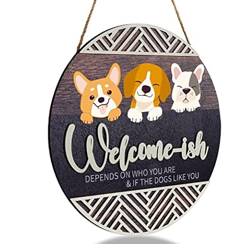 3D Dog Welcome Hanging Sign Plaque for Front Door Wall Decor Funny Dog Welcome-ish Wooden Hanger Rustic Minimalist Outdoor Wood Wall Art for Farmhouse Porch or Entryway Home Decor, 12 in*12 in (Dog) Cover
