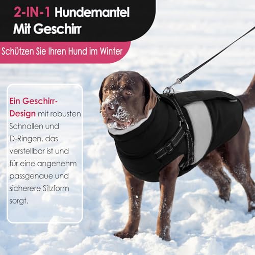 AOFITEE Hundemantel Winter Grosse Hunde, Warme Hundejacke Wintermantel mit Geschirr, Wasserdicht Hunde Winterjacke Warmer Hundemäntel Fleece Winterweste für Labrador, Windhund, Golden Retriever, 2XL