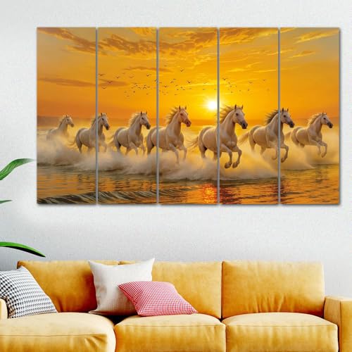 Image of Maxstone 7 Horses Wall Painting for Living Room Big Size - 7 Running Horses Painting Vastu for Bedroom, Office, Hotel - Wall Decor Digital Painting Wooden Framed for Gifting (30x60 inch) M1390