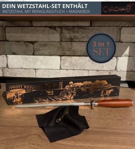 Foto von Caridano® Messerschärfer Set - Profi Wetzstahl mit Pakka Holzgriff - Chromstahl Küchenmesser Schärfer mit Reinigungstuch - Premium Wetzstab Honing Steel - Effektiver Schleifstab mit Geschenkbox