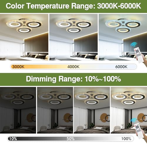 Image of Modern 33W Ceiling Light 3-Rings LED Ceiling Light Fixture with Remote Control Chrome Acrylic Dimmable Flush Mount Stainless Steel Chandelier for Livingroom Dining Room Kitchen Bedroom.