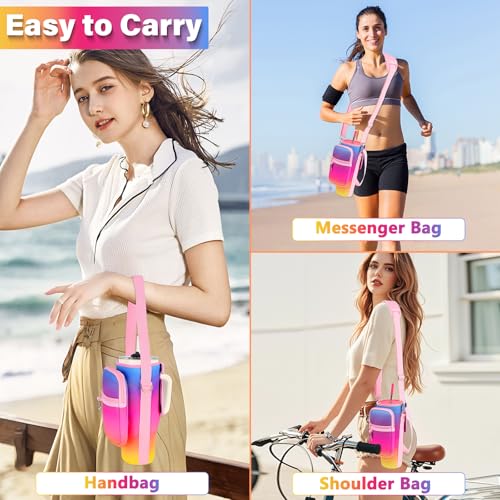 Image of Water Bottle Carrier Bag with Phone Pocket Compatible with Stanley /Meoky 40 oz Tumbler with Handle,Water Bottle Holder Pouch with Adjustable Strap Compatible with Stanley Cup Accessories,Rainbow