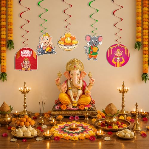 Image of Party Propz Ganapati Decoration Items for Home - 8 Pcs Ganpati Setup Hanging Swirls, Ganesh Chaturthi Decor, Ganesh Puja Festival Supplies, Home Ganpati Decor, Paper Hanging Decor