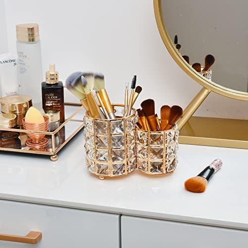Feyarl Crystal Makeup Brush Holder Gold Makeup Brush Organizer Pen Pencil Holder Storage Eyebrow Cosmetics Tools Container for Dresser Bathroom Office