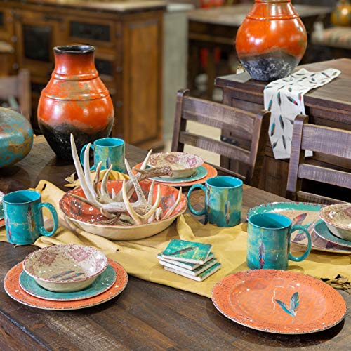 Image of Paseo Road Tossed Feather 14 Piece Melamine Plastic Western Dinnerware Set, Orange Tan Brown Teal Aztec Tribal Print, Southwestern Rustic Dish Set with Plates, Bowls, Serving Dish
