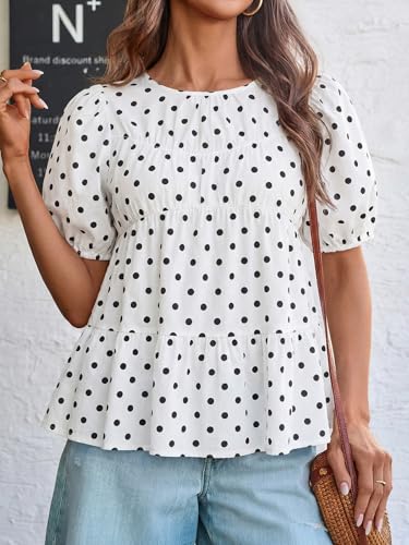Image of Tankaneo Womens Puff Sleeve Peplum Babydoll Tops Summer Flowy Pleated Cotton T-Shirts Casual Loose Fit Cute Blouse