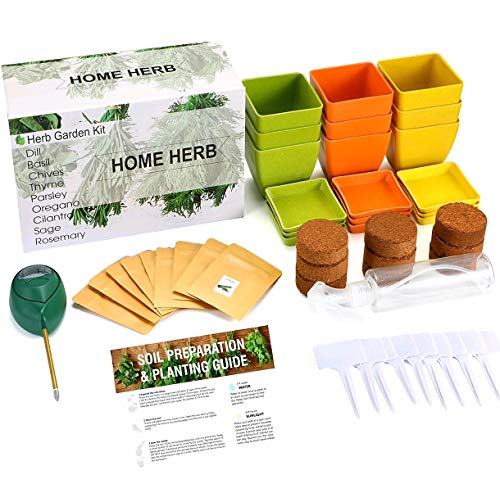 ShaHa Herbs Organic Herb Growing Kit with Reusable Pots, Drip Trays, Plant Tags, Soil Discs & Moisture Meter | Home Gardening Herbs Kit-9 Different Types of Organic Seeds | Indoor or Outdoor Gardening
