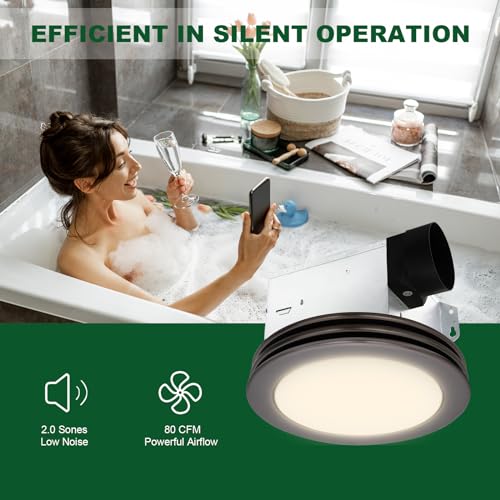 Image of Akicon Bathroom Exhaust Fan with Light, 80 CFM 2 Sones Round Bathroom Fan Light Combo, Dimmable 3CCT LED with Acrylic Cover for Medium Room (Oil Rubbed Bronze)
