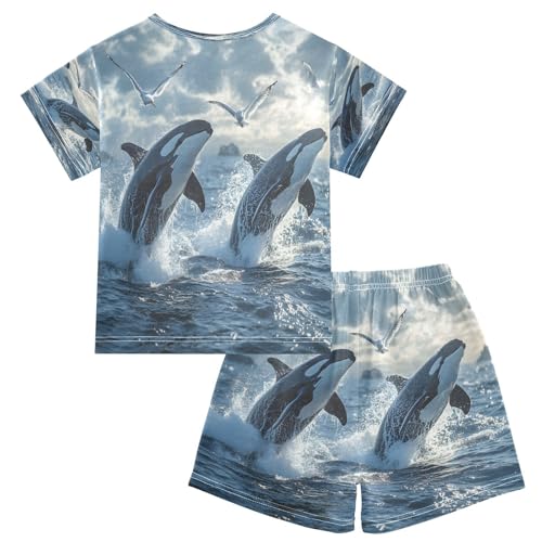 ALAZA Whale Ocean Sea Seagull Pajamas Set Short Sleeve Cotton Sleepwear Summer Pjs 2 Piece 5-14Y2