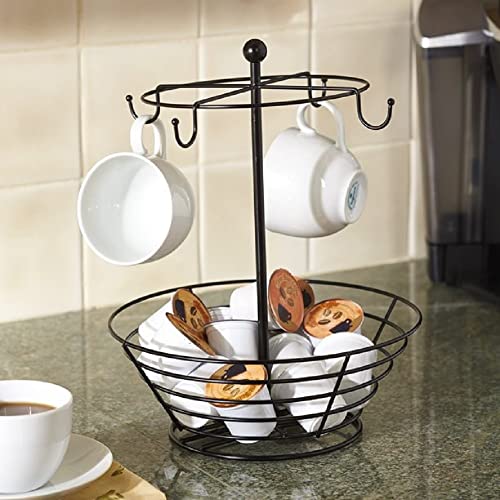 Nifty Coffee Pod & Mug Carousel – Holds 4 Cups, Capsule Storage, Spins 360-Degrees, Lazy Susan Platform, Modern Black Steel, Home or Office Kitchen Counter Organizer