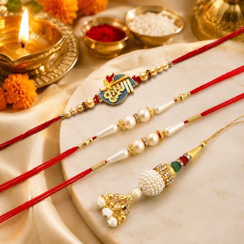 Image of CraftVatika Rakhi Set of 4 for Brother and Bhabhi Kids with Chocolate Gift Hamper with Ferrero Rocher Chocolate, Krishna Lumba Pearl for Bhai Kids Bhaiya,