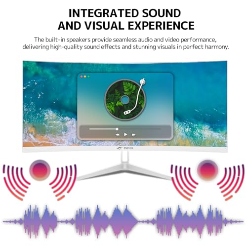 Image of CRUA 34 Inch 21:9 UWQHD 100Hz IPS Ultrawide Curved Monitor, Speakers, White | 120% sRGB, 92% DCI-P3, 1.07B Colors, FreeSync, Blue Light, 3800R, HDMI 2.0, DP 1.4, 100x100 Mount, Office, Editing, Design PC