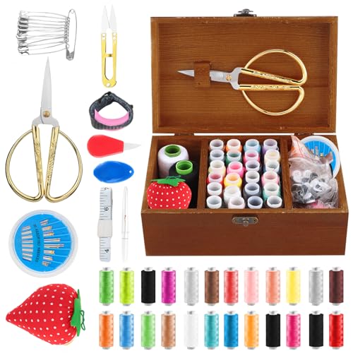 WANDGU Set da cucito di base: scatola da cucito di alta qualità, scatola da cucito vintage in legno con accessori completi, utensili da cucito fai da te, per riparare i vestiti per casa, viaggi e