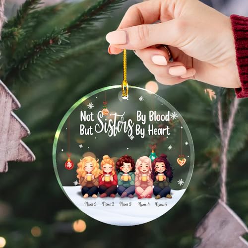 Sisters by Blood Hearts Clear Plastic Ornaments, Christmas Decorations Personalized Name Five Girls Wear Sweater Hat with Chocolate Cup Acrylic Ornaments, Gifts for Sister Friends Siblings Bestie3