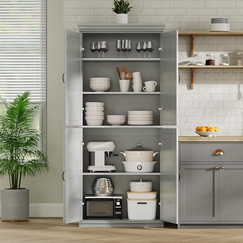Image of IDEALHOUSE 70 inch Tall Kitchen Pantry Cabinet with Doors and Adjustable Shelves, Tall Storage Cabinet for Dining Room, Freestanding Cupboard, Kitchen, Dining Room, Living Room, Gray