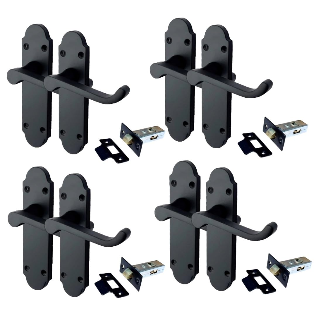Epsom Door Handle Black Matt Internal Door Handle Sets – Lever On Backplate 170Mm X 42Mm – Includes Tubular Latch – 4 Pairs