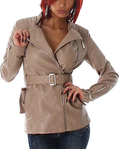 Voyelles Damen Kunstleder-Jacke Wetlook Biker Stepp-Schultern Gürtel Stehkragen Taschen Reißverschluss wasserfest, 32/34 (36)