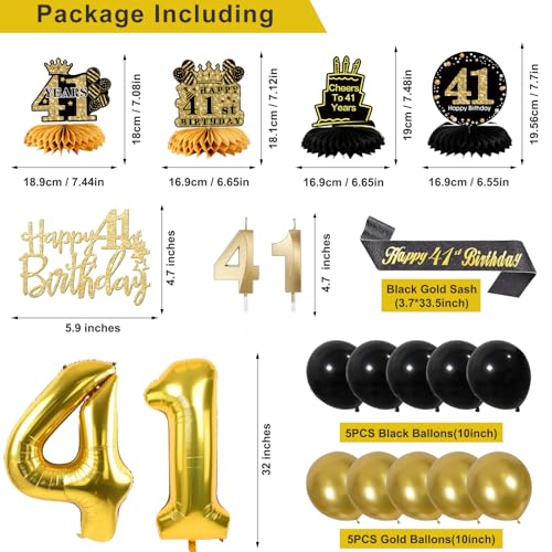 Image of 41st Birthday Decorations for Men, Black Gold 41st Party Decoration Kits | 27pcs Happy 41st Birthday Set: Banner, Honeycomb, Balloons, Gold Number, Candle, Hanging Swirls, Cake Topper, Party Supplies