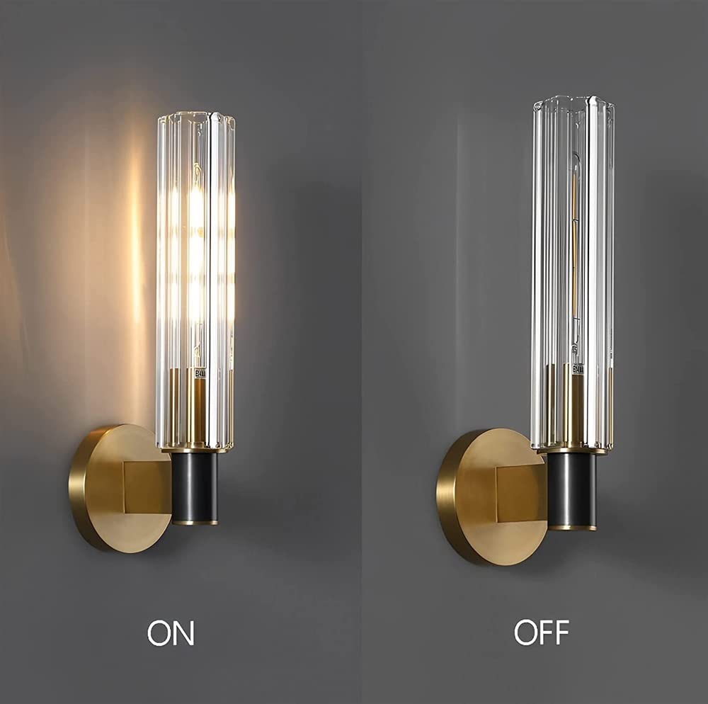 Lampada da parete moderna in ottone, paralume in vetro trasparente, applique da interni per bagno, soggiorno, camera da letto, corridoio, elegante illuminazione