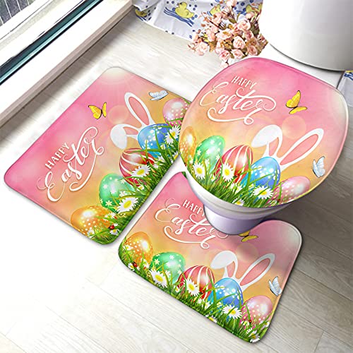 Set 3 Teilig Badvorleger Ostern Thema Hasenohren Schmetterlinge Bunte Eier In Grasblumen Bad...