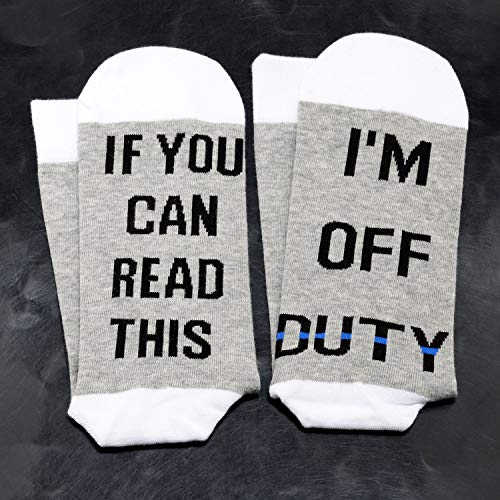 JXGZSO 2 Pairs Police Gift Socks Can Read This I'm Off Duty Thin Blue Line Gag Gift for Cop Policeman3