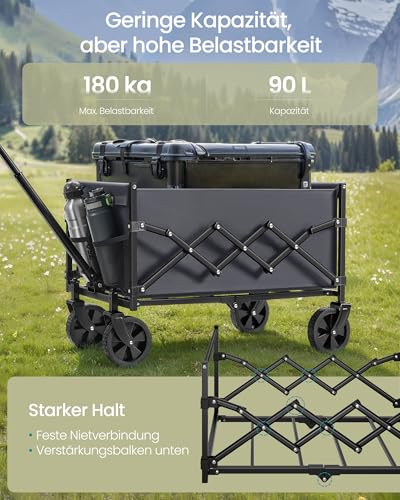 SONGMICS Kleiner Handwagen faltbar, Gartenwagen, kompakt, mit Griff, mit 4 verstärkten Rollen, Davon 2 Universalräder, bis 180 kg belastbar, Outdoor, Garten, 90 L, schiefergrau GFW909G01