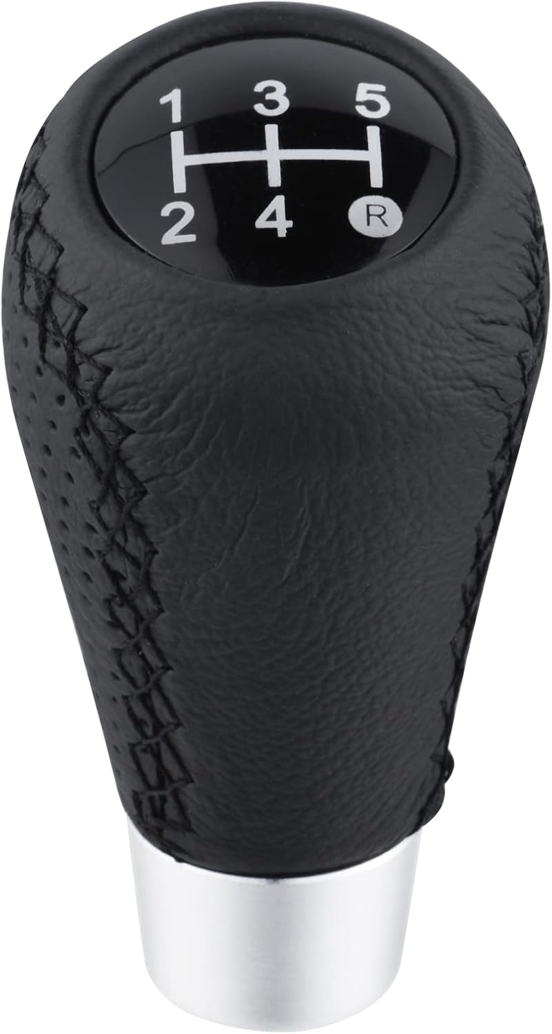 Arenbel 5-Speed Black Leather Shift Knob - Universal Manual Gear Shifter Replacement with Adapters for Cars Trucks SUVs