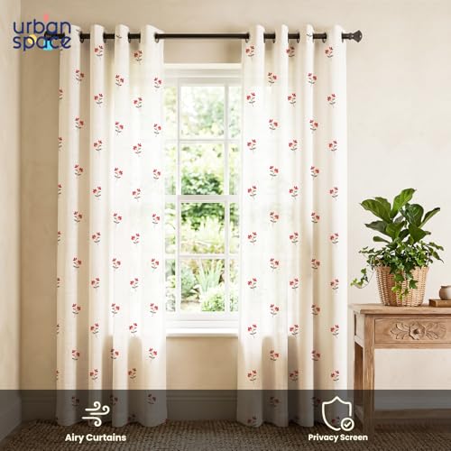 Image of Urban Space Cotton Sheer Curtain pack of 1, Embroidered Semi Transparent Long Door Curtains 8 feet for Living Room, Bedroom & Balcony, 1 Pc Curtain with Eyelets and Tieback (Neerja Dark pink - 8 feet)