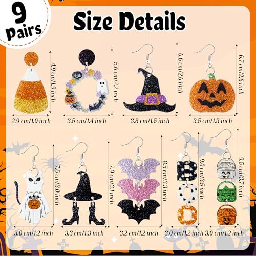 Y1tvei Halloween Glitter Acrylic Earrings - 9 Pairs Pumpkin Wreath Witch Hat Black Boots Bat White Ghosts Charm Earring Sparkly Drop Dangle Stud Ear Decor Jewelry Accessory Supplies for Women Party4