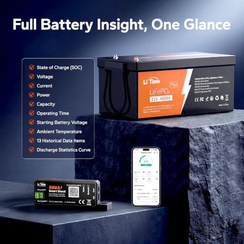 Image of LiTime 12V 460Ah LiFePO4 Battery with 500A Smart Shunt & 80A Battery Charger
