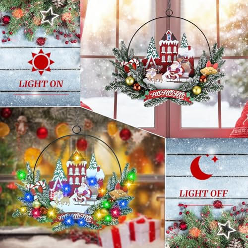 Pre-Lit Christmas Wreath for Front Door, Lighted Santa with 6H On/18H Off - image 2