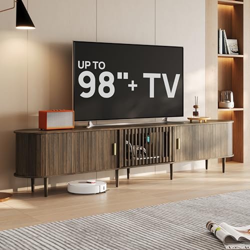 94.5 Fluted Mid Century Modern TV Stand for TVs Up to 80/85/86/90/98/100 Tambour Sliding Doors Entertainment Center with Storage&LED Curved Media&TV Console Long TV Stands for Living Room Walnut