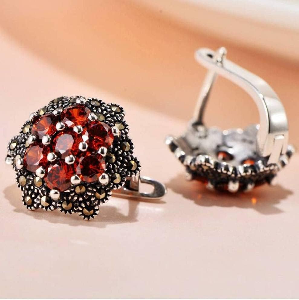 Earfemale 925 Silver Jewelry Thai Silver Inlaid Marcasite Synthetic Red Zircon Retro Ear Stud Earear Buckle/Guava