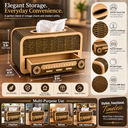 Image of Retro Radio Wooden Tissue Box with Storage Drawer MDF Napkin Holder for Home, Office & Car Vintage Desktop Organizer