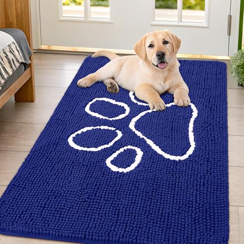 Image of Smiry Dog Door Mat for Muddy Paws, Absorbent Dirt Trapper Non Slip Quick Dry Washable Chenille Mat for Mud Dogs, Entry Rug for Indoor and Outdoor (47x32 Inches, Navy Blue and White)